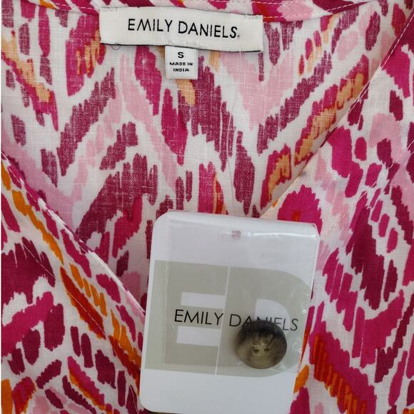 Emily Daniels Pink-Multi Ikat Linen-Blend V-Neck 1/2-Sleeve Button-Up Top Small - Picture 6 of 9